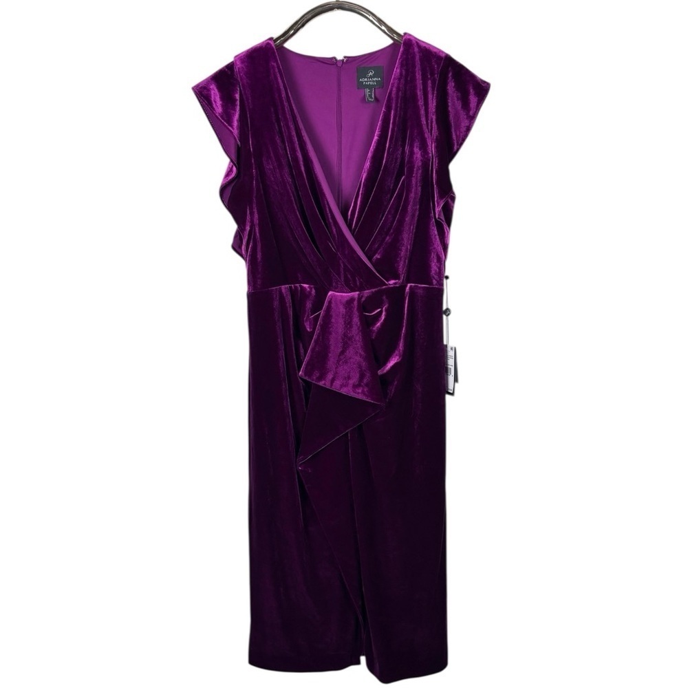 ADRIANNA PAPELL FUCHSIA PINK VELVET SURPLICE MIDI DRESS AP1D105513 - Picture 3 of 14